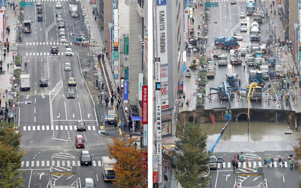 Obras: Buraco gigante em estrada japonesa é arranjado em dois dias