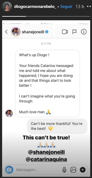 Diogo Carmona emocionado com mensagem recebida após acidente