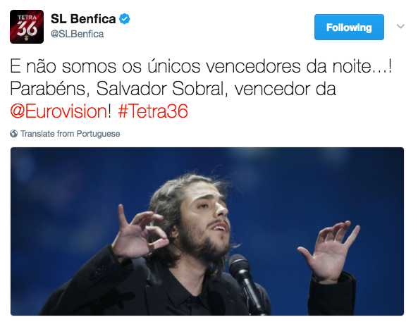 Benfica dá os parabéns a Salvador Sobral