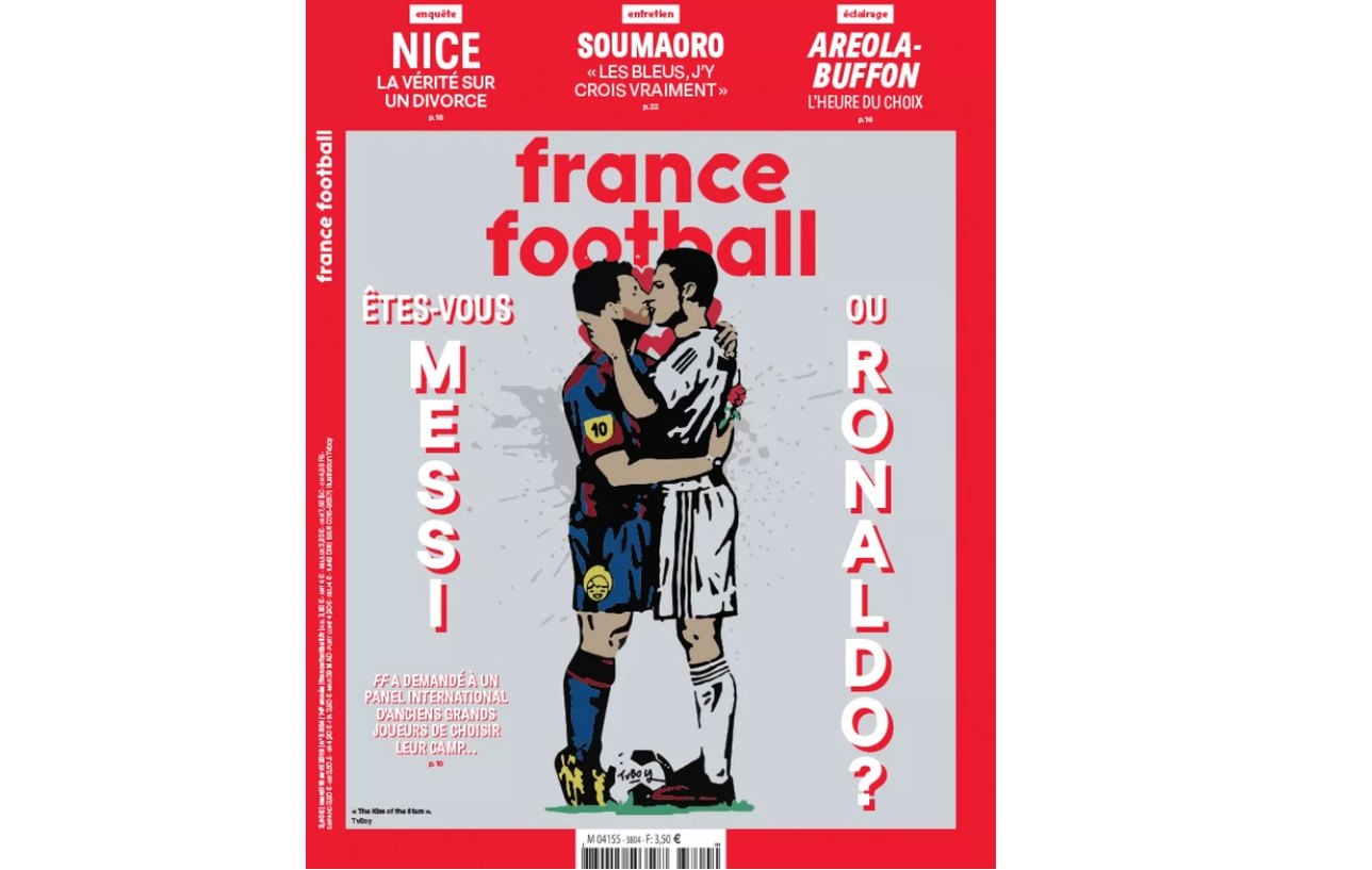 ‘Beijo’ entre Messi e Ronaldo na capa da France Football