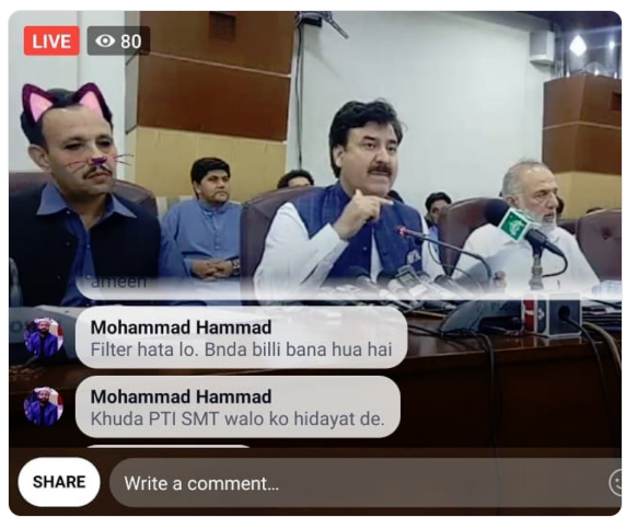 Político paquistanês dá conferência de imprensa com filtro de gato ligado
