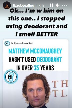 Cantora Lizzo revela que deixou de usar desodorizante, tal como Matthew McConaughey