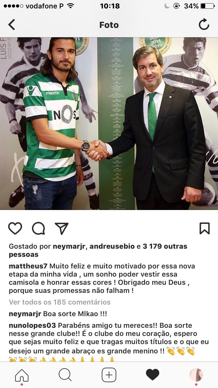 Sporting. Neymar deseja boa sorte ao reforço Mattheus