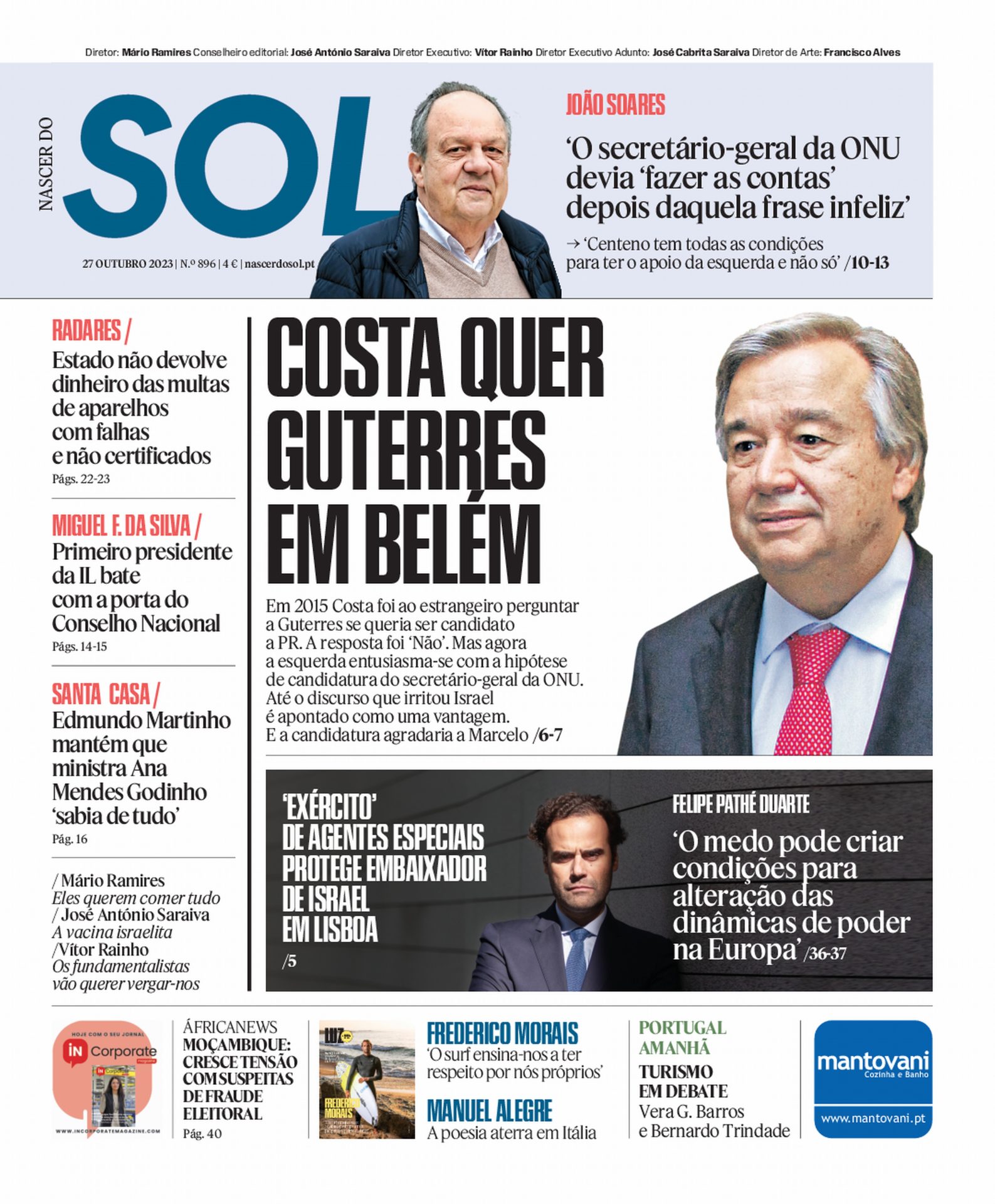 Capa do Jornal SOL do dia 27 de Outubro de 2023