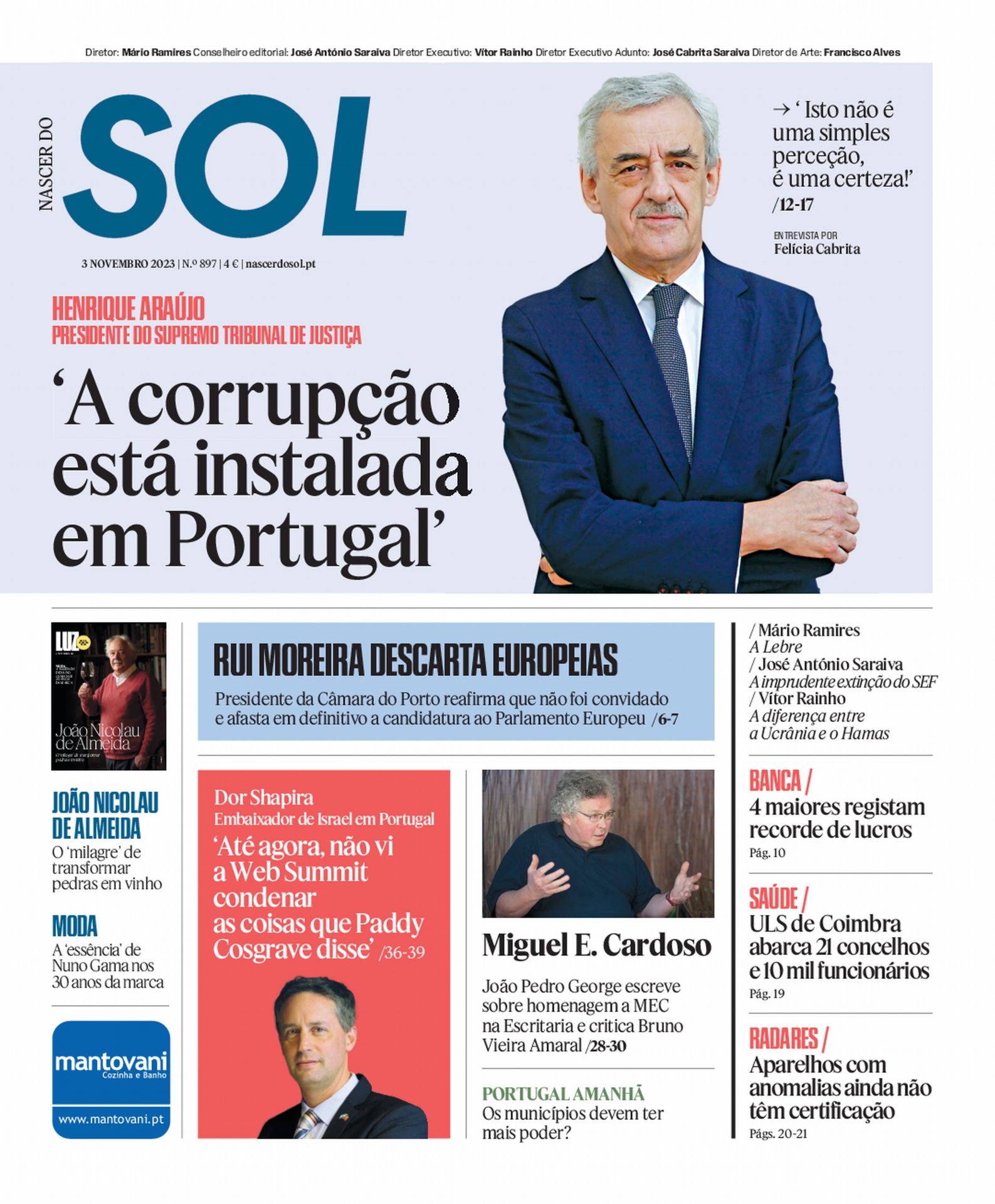 Capa do Jornal SOL do dia 03 de Novembro de 2023