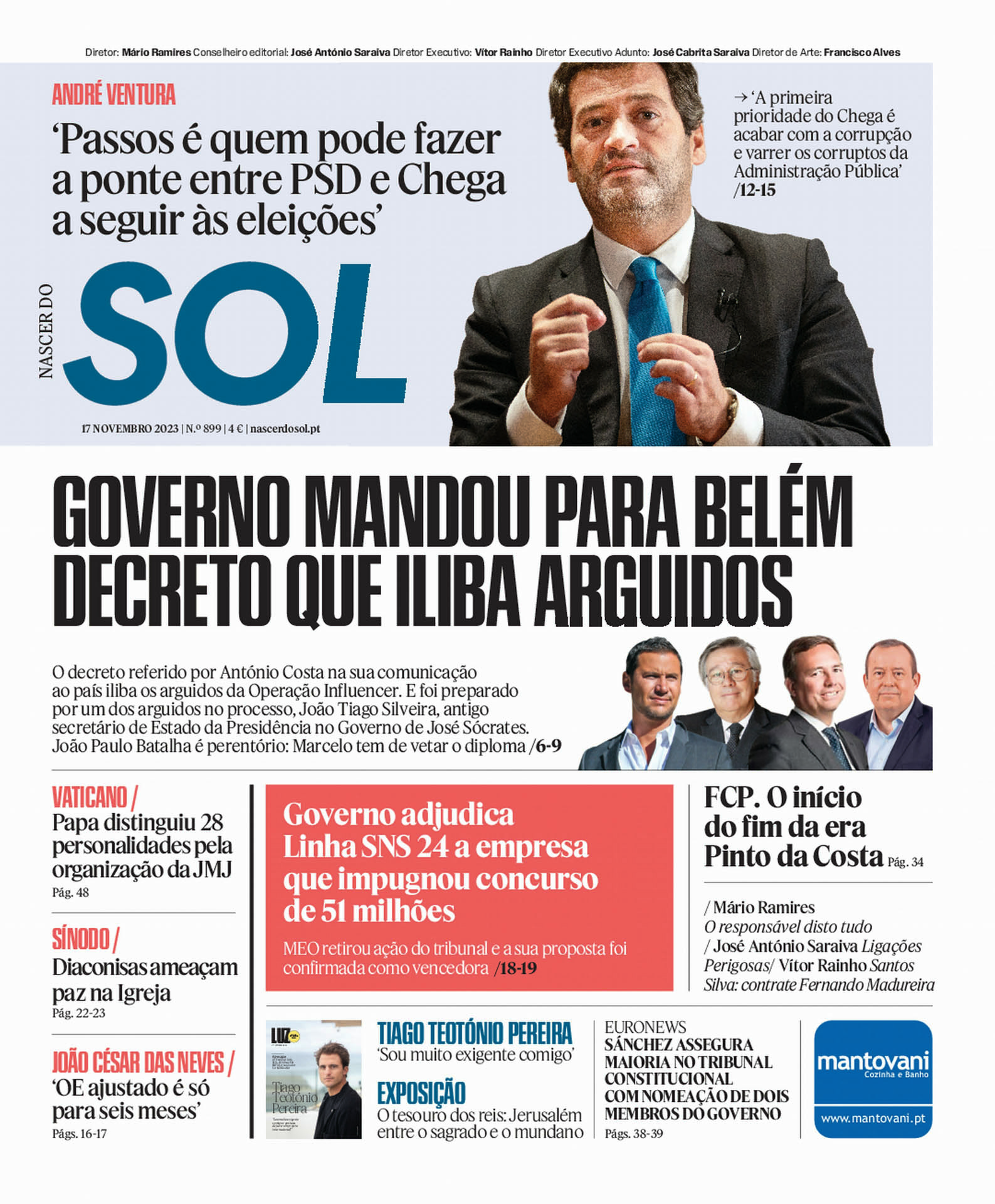 Capa do Jornal SOL do dia 17 de Novembro de 2023