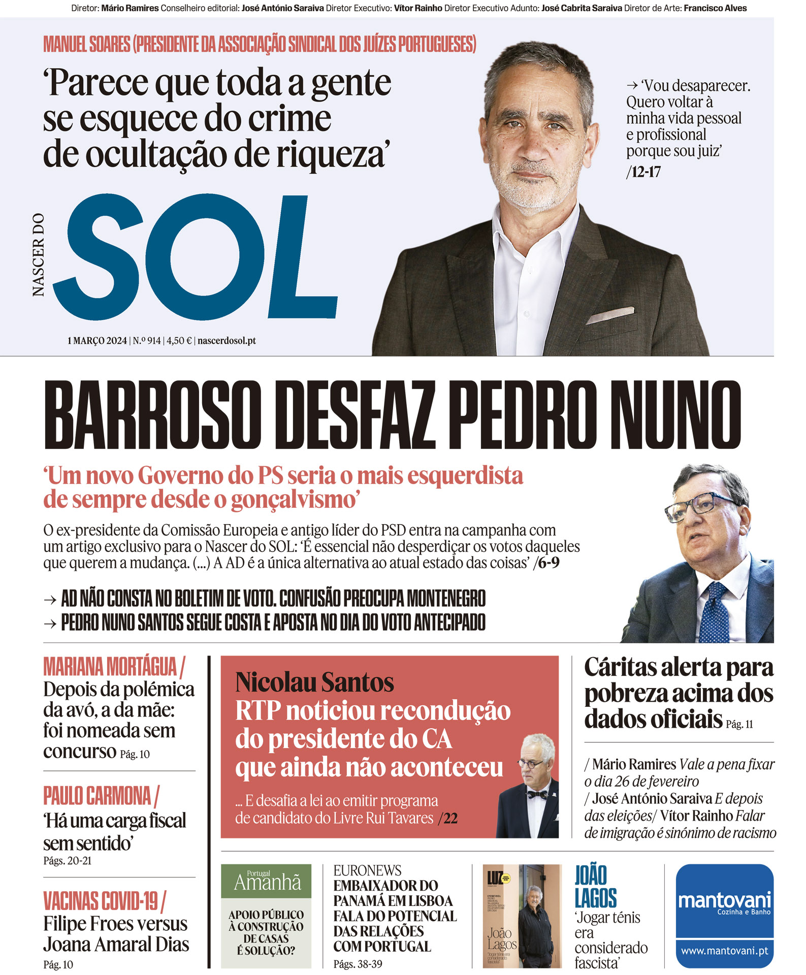 Capa do Jornal SOL do dia 01 de Março de 2024