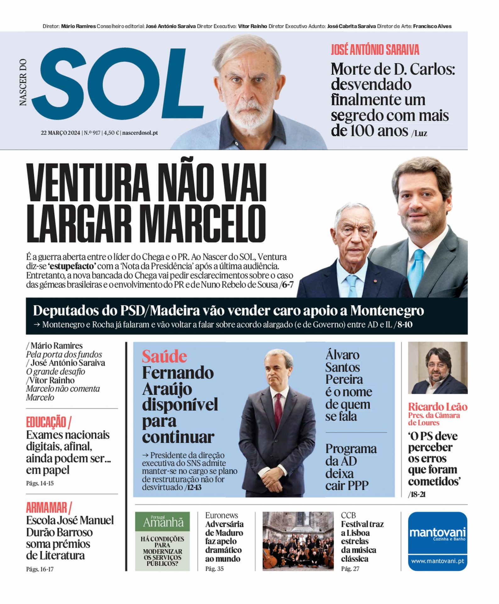 Capa do Jornal SOL do dia 22 de Março de 2024