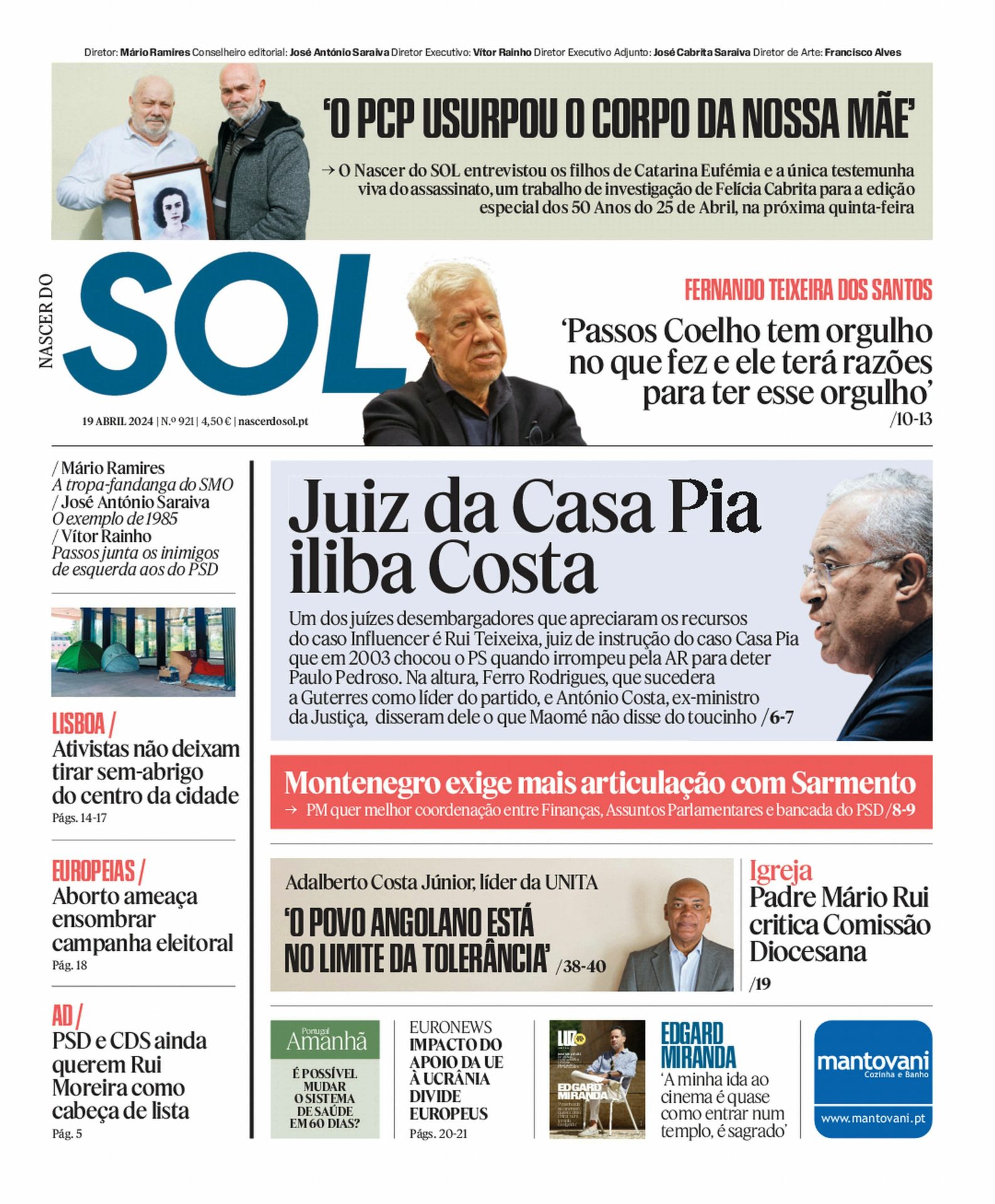 Capa do Jornal SOL do dia 19 de Abril de 2024