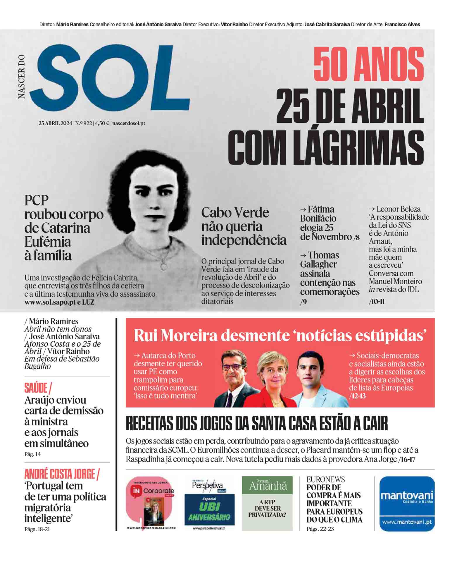 Capa do Jornal SOL do dia 25 de Abril de 2024