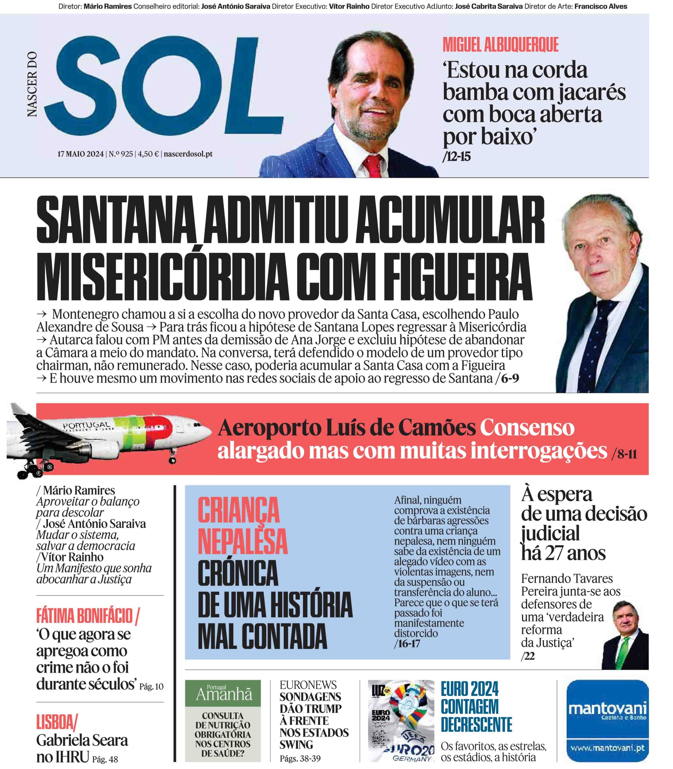 Capa do Jornal SOL do dia 17 de Maio de 2024