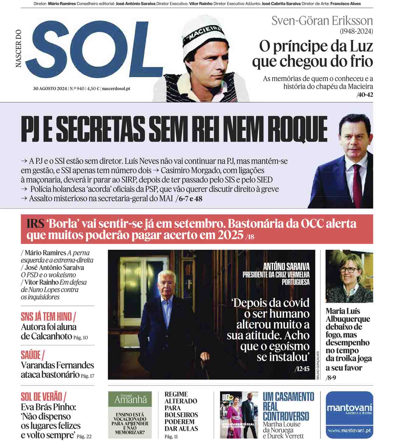 Capa do Jornal SOL do dia 30 de Agosto de 2024