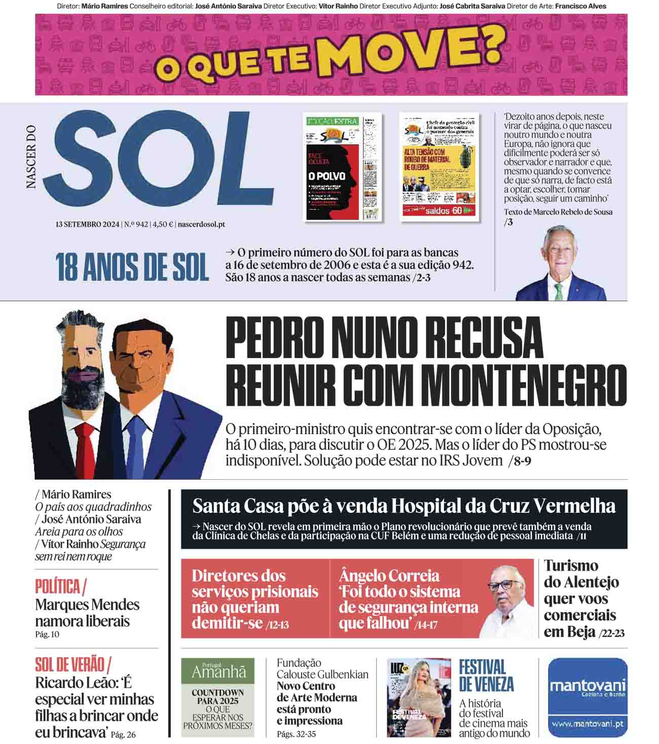 Capa do Jornal SOL do dia 13 de Setembro de 2024