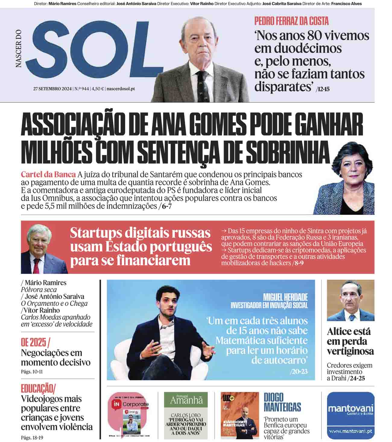 Capa do Jornal SOL do dia 27 de Setembro de 2024