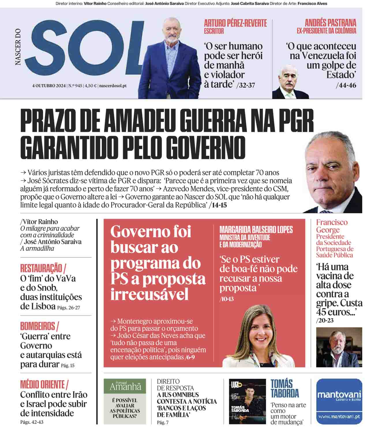 Capa do Jornal SOL do dia 04 de Outubro de 2024