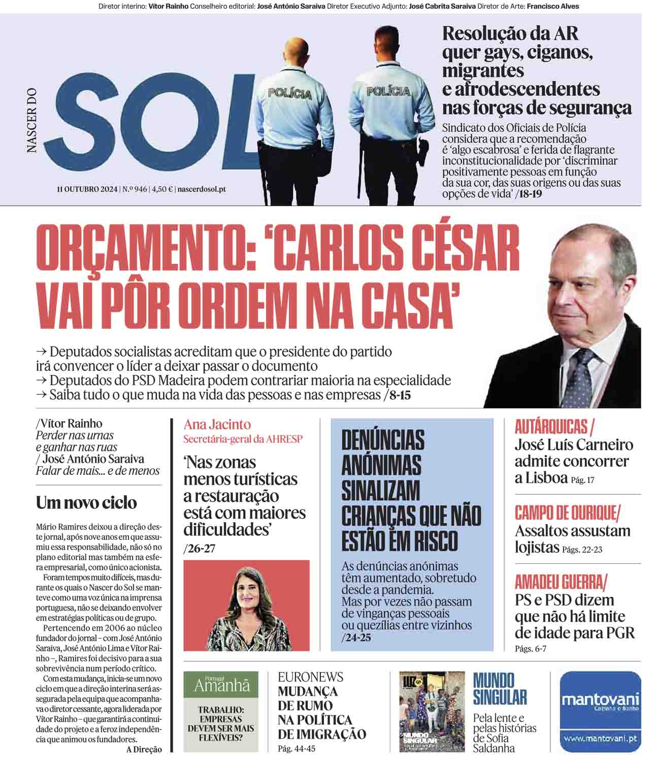 Capa do Jornal SOL do dia 11 de Outubro de 2024