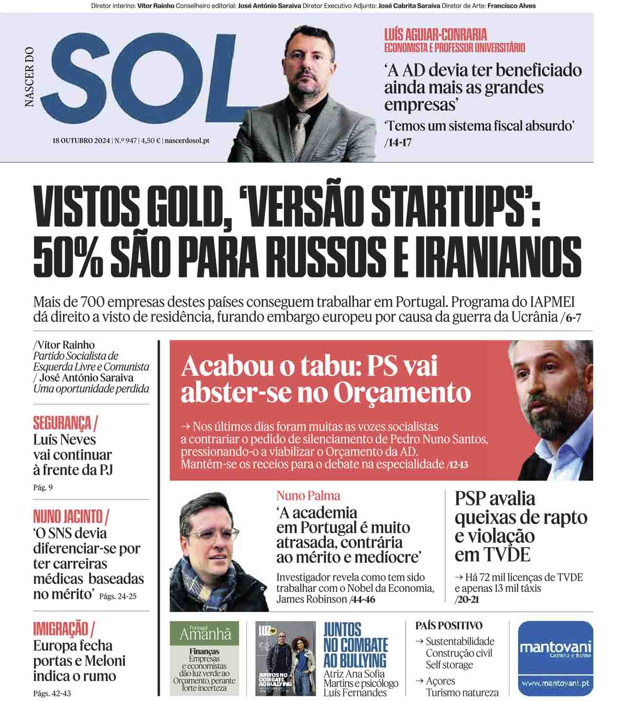 Capa do Jornal SOL do dia 18 de Outubro de 2024