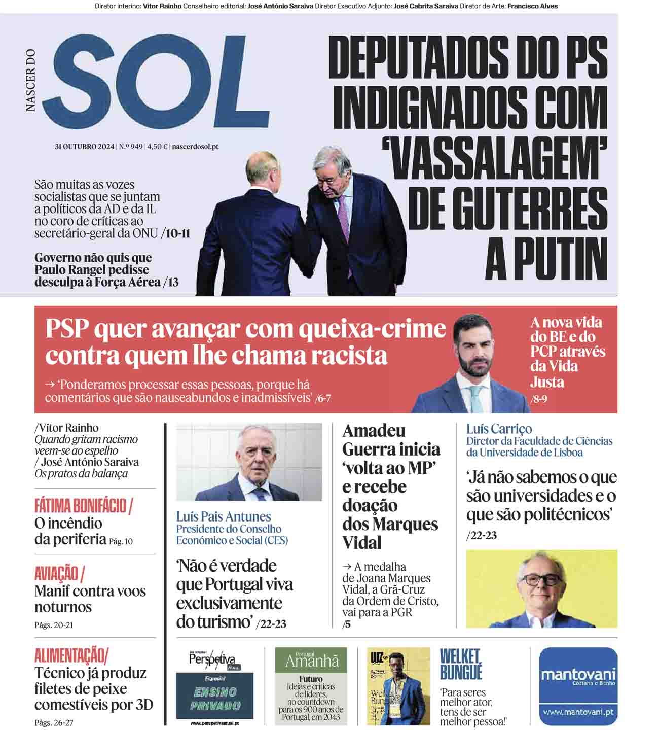 Capa do Jornal SOL do dia 31 de Outubro de 2024