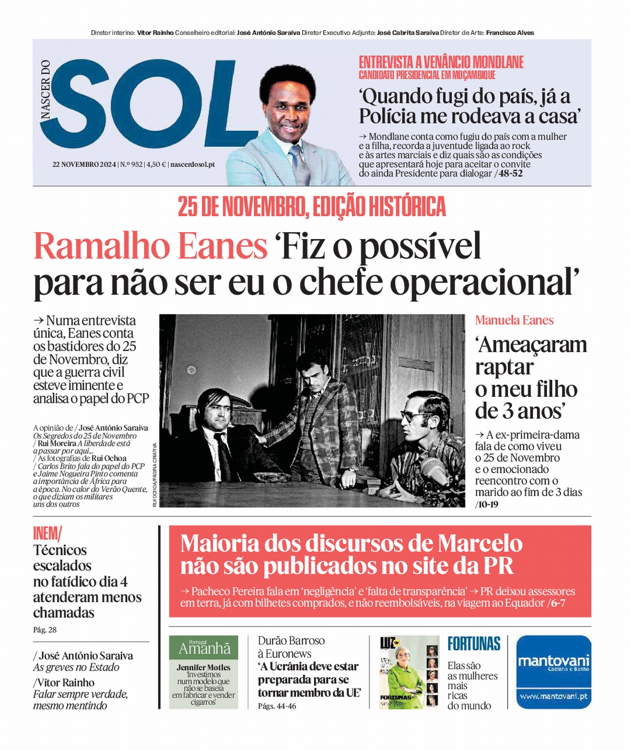 Capa do Jornal SOL do dia 22 de Novembro de 2024