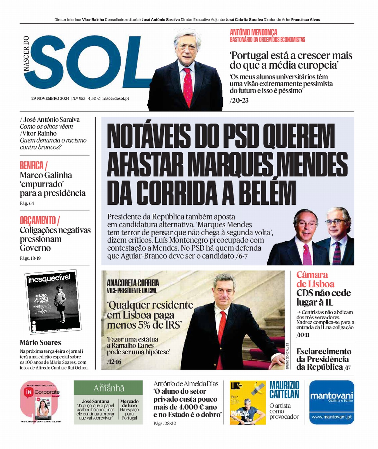 Capa do Jornal SOL do dia 29 de Novembro de 2024