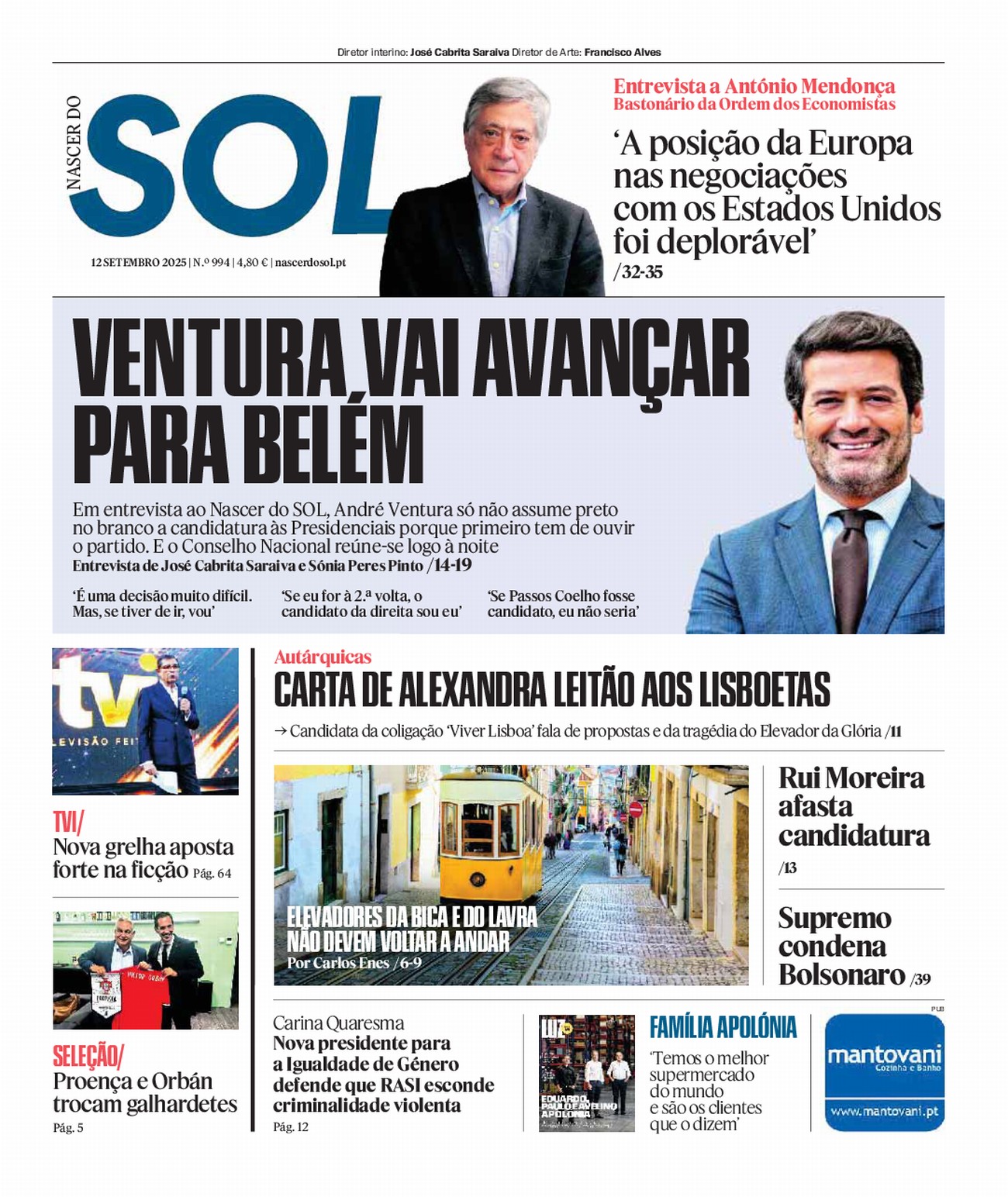 Veja a primeira página do Nascer do SOL e da LUZ, esta sexta-feira dia 12 de Setembro de 2025 nas bancas