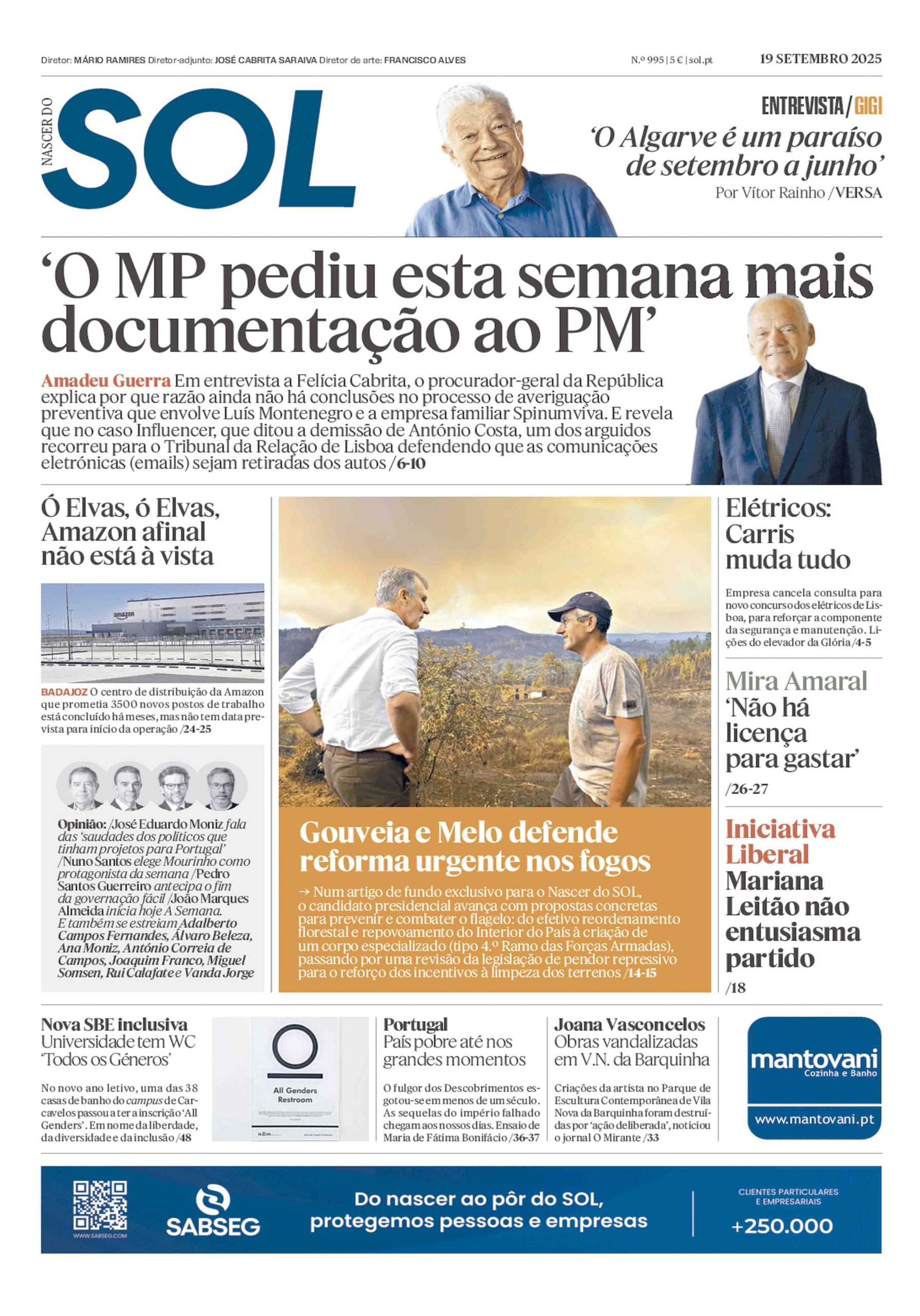 Veja a primeira página do Nascer do SOL e da VERSA, esta sexta-feira dia 19 de Setembro de 2025 nas bancas